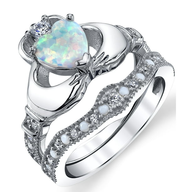 Claddagh Ring Sterling Silver 925 White Lab Opal & Clear CZ Cubic Zirconia